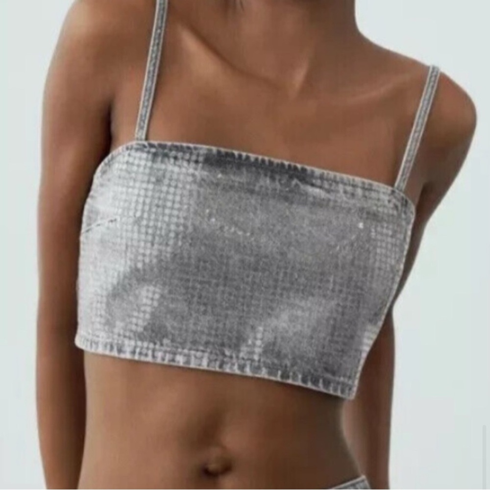 Spaghetti Strap Light Gray Denim Crop Top w/ sequined detailing, XS